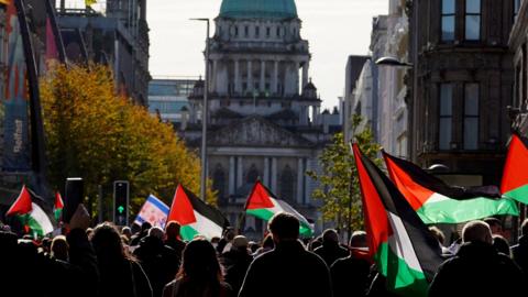 A rally outside Belfast City Hall in support of Palestinians in October