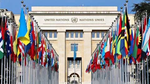 UN building with flags outside