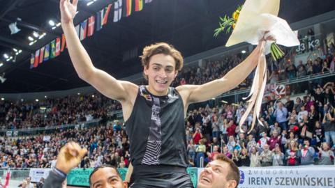 Sweden's Armand Duplantis reacts after his jump setting a world pole vault record of 6.17 metres at the Orlen Copernicus Cup 2020 World Athletics Indoor meeting in Torun, Poland