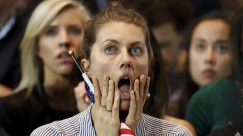 A supporter of Democratic presidential nominee Hillary Clinton reacts at her election night rally in Manhattan, New York, on November 8, 2016.