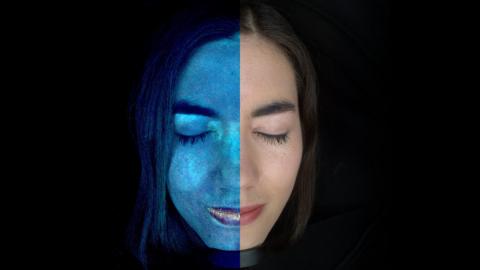 UV images of Sabrina Lee's facing, showing her application of tanning lotion on one side and her normal face on the other
