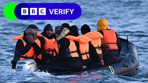 Migrants travel in an inflatable boat across the English Channel