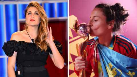 Ivana Icardi (left) puts her hand to her hair and Ivana Andres (right) kisses the World Cup trophy