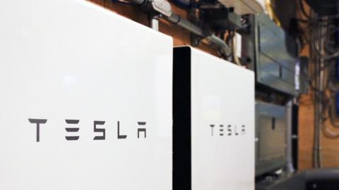Tesla powerwalls are pictured here in this photo of an apparent garage area