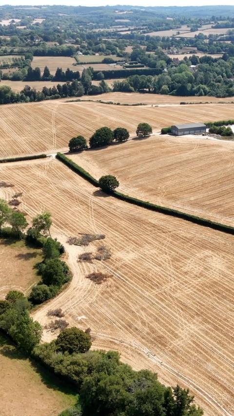 An aerial shot of dry fields.