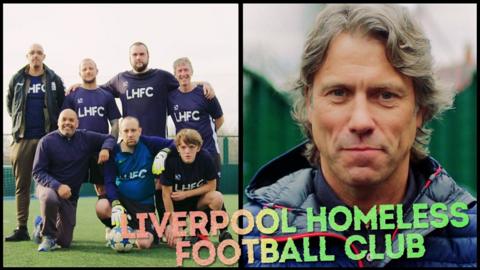 Liverpool Homeless FC (left) and comedian John Bishop (right)