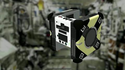 A computer generated graphic of one of Nasa's Astrobees on the International Space Station