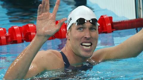 US swimmer Klete Keller smiles after winning the men's 4 x 200m freestyle relay swimming heat at the National Aquatics Center in the 2008 Beijing Olympic Games on August 12, 2008.