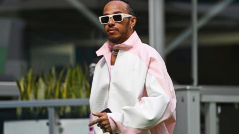 Lewis Hamilton arrives for the Miami Grand Prix