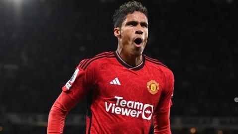 Raphael Varane celebrates scoring for Manchester United