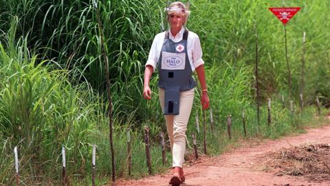 Princess Diana walking through a minefield