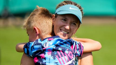Victoria Azarenka with her son Leo at the Libema Open in 2023