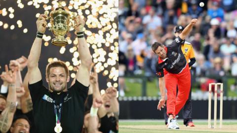 A collage of Richie McCaw holding the Rugby World Cup and bowling a ball in the T20 Black Clash