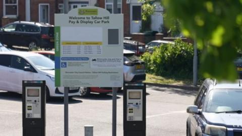 Parking charge sign at Tallow Hill car park in Worcester.
