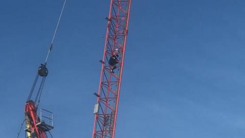A protester has scaled a crane in Norwich