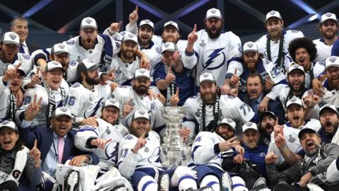 The Tampa Bay Lightning celebrate with the Stanley Cup