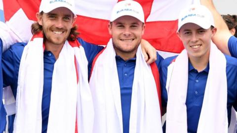 English golfers Tommy Fleetwood, Tyrrell Hatton and Matt Fitzpatrick