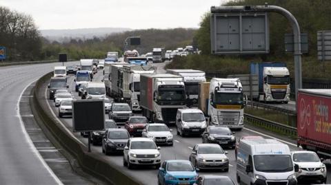 Traffic queuing on a motorway.
