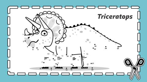 Line drawing of a triceratops with sections missing and dots for a child to fill in.