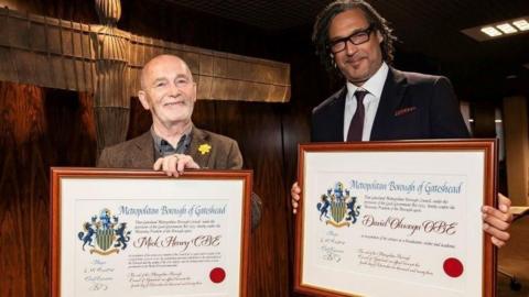 Mick Henry and David Olusoga with their Freedom of Gateshead awards