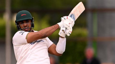 Leicestershire batter Rishi Patel pulls a ball during his innings