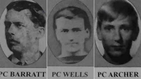 Pictures of three police officers, PCs Barrett, Wells and Archer