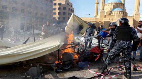 Damaged and burning protesters' camp in Beirut