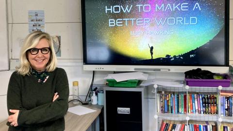 Lucy Hawking in a classroom