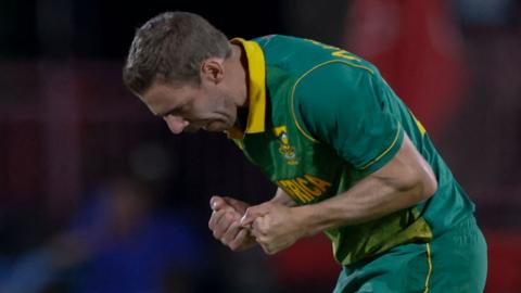 Anrich Nortje celebrates the wicket of Jos Buttler in the first South Africa-England ODI