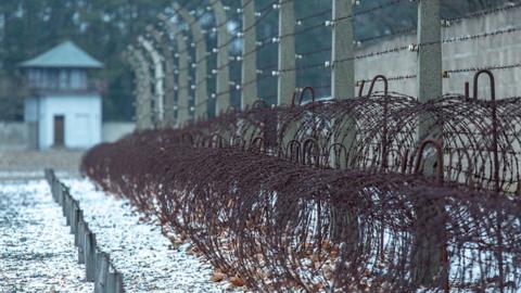 Barbed wire and the electric fence surrounding the Sachsenhausen concentration camp