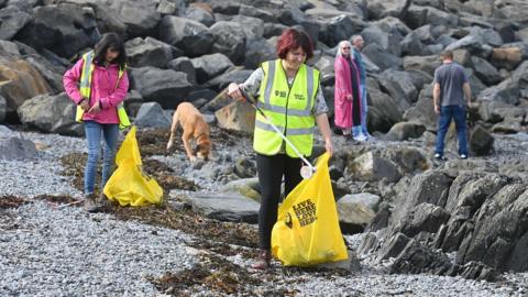 Volunteers clean a beach