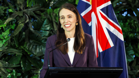 Jacinda Ardern at a press conference with Finnish prime minister Sanna Marin