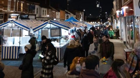 Market in the high street over the Christmas period