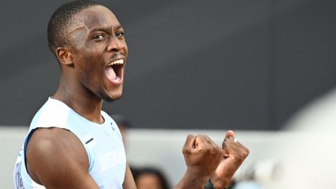 Letsile Tebogo of Botswana celebrates winning a silver medal in the 100m at the World Athletics Championships in Hungary in 2023