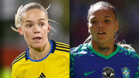 Hanna Lundkvist playing for Sweden and Nycole Raysla playing for Brazil
