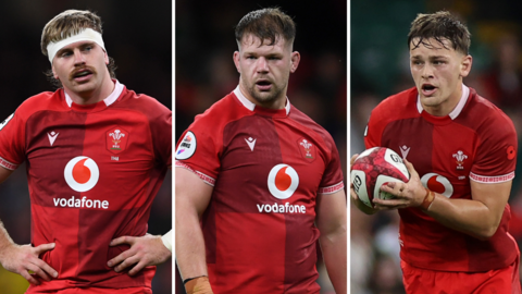 L-R: Wales back-row forwards Aaron Wainwright, Olly Cracknell and Alex Mann in action against Argentina