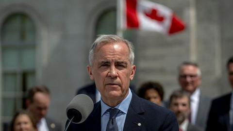 Man with suit and tie on stands in front of microphone while Canadian flag waves in the background