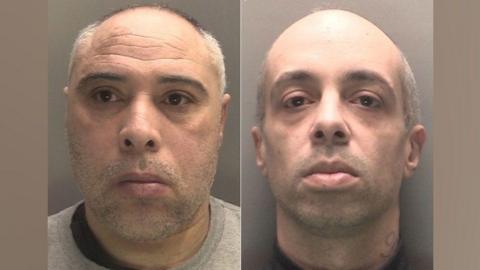 Police custody photographs of Leroy Parris, who has short grey hair and is wearing a grey jumper, and Raymond Escoffrey who has short grey hair and is wearing a black top.