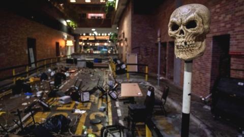 This general view shows debris inside the Hong Kong Polytechnic University campus