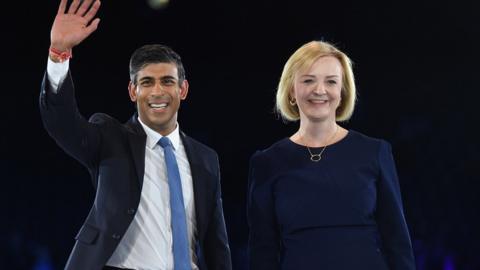 Rishi Sunak and Liz Truss during a hustings at Wembley Arena in August