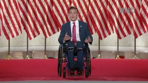 Madison Cawthorn speaks during the largely virtual 2020 Republican National Convention broadcast from Washington DC. Photo: August 2020