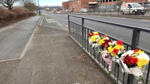 Floral tributes at Greens Way, Mexborough