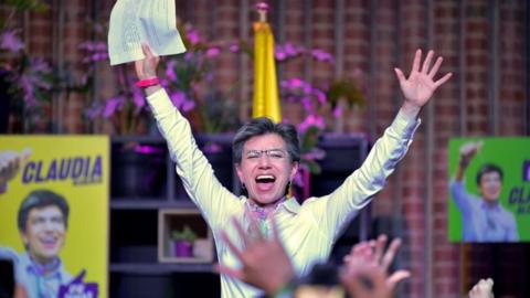 Claudia Lopez celebrates after winning regional elections in Bogota