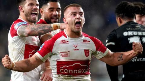 Mikey Lewis celebrates a try for Hull KR