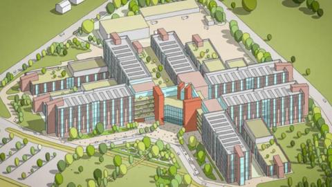 An artist's impression of a large multi-storey building in an a plus-sign shape, with green spaces around it