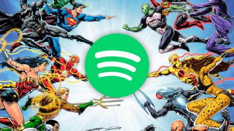 Spotify logo among superheroes