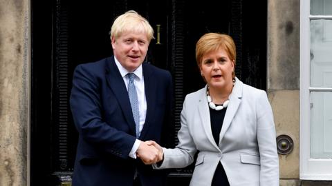 Scotland's First Minister Nicola Sturgeon welcomes Prime Minister Boris Johnson outside Bute House on 29 July 2019 in Edinburgh, Scotland