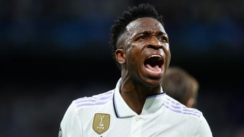 Real Madrid's striker Vinicius Jr celebrates after scoring the 1-0 goal during the UEFA Champions League semifinal first leg soccer match between Real Madrid and Manchester City at Santiago Bernabeu Stadium, in Madrid, Spain, 09 May 2023