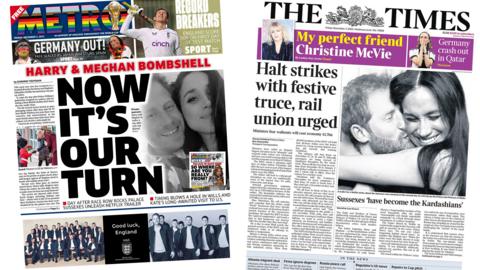 The headline on the front page of the Metro reads 'Harry and Meghan bombshell: Now it's our turn' and the main headline on the front page of the Times reads 'Halt strikes with festive truce, rail unions urged'