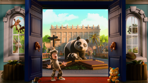 The image shows a set of open blue doors; behind them is a panda and their cub, an antelope and a man dressed up as a zebra. A fancy estate can be seen in the background.